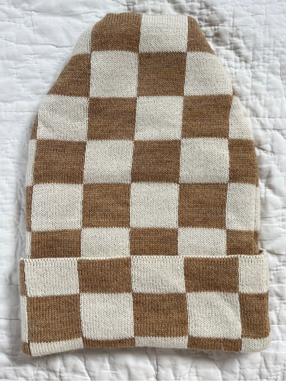 Loeffler Randall Bartlet Checker Knit Highland Wool Beanie Winter Hat Tan Ivory